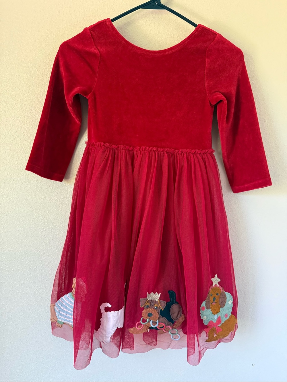 NWT Mini Boden Red Dog Appliqué Dress Tulle Skirt Holiday 8/9 134 cm